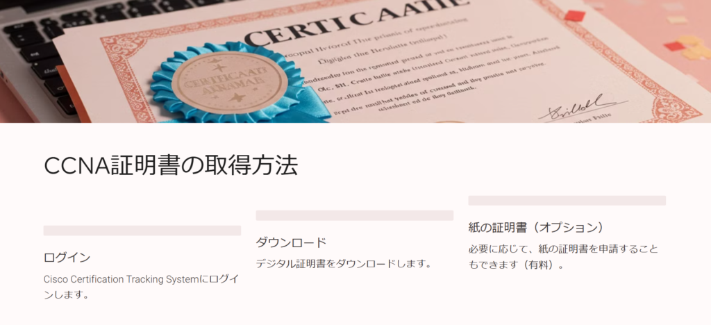 CCNA証明書の取得方法

ログイン

Cisco Certification Tracking Systemにログインします。

ダウンロード

デジタル証明書をダウンロードします。

紙の証明書（オプション）

必要に応じて、紙の証明書を申請することもできます（有料）。