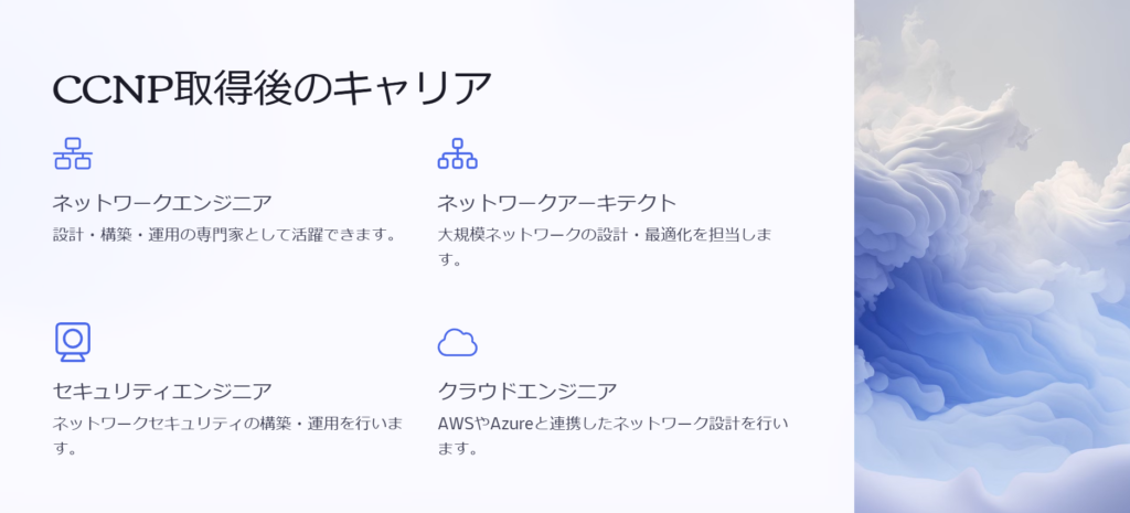 CCNP取得後のキャリア

ネットワークエンジニア

設計・構築・運用の専門家として活躍できます。

ネットワークアーキテクト

大規模ネットワークの設計・最適化を担当します。

セキュリティエンジニア

ネットワークセキュリティの構築・運用を行います。

クラウドエンジニア

AWSやAzureと連携したネットワーク設計を行います。