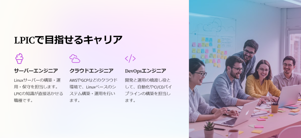 LPICで目指せるキャリア

サーバーエンジニア

Linuxサーバーの構築・運用・保守を担当します。LPICの知識が直接活かせる職種です。

クラウドエンジニア

AWSやGCPなどのクラウド環境で、Linuxベースのシステム構築・運用を行います。

DevOpsエンジニア

開発と運用の橋渡し役として、自動化やCI/CDパイプラインの構築を担当します。