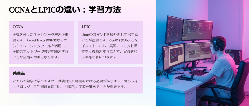 CCNAとLPICの違い：学習方法

CCNA

実機を使ったネットワーク演習が重要です。Packet TracerやGNS3などのシミュレーションツールを活用し、実際のネットワーク設定を練習することが合格のカギとなります。

LPIC

Linuxのコマンドを繰り返し学習することが重要です。CentOSやUbuntuをインストールし、実際にコマンド操作を反復練習することで、実践的なスキルが身につきます。

共通点

どちらも独学で学べますが、試験対策に時間をかける必要があります。オンライン学習リソースや書籍を活用し、計画的に学習を進めることが重要です。