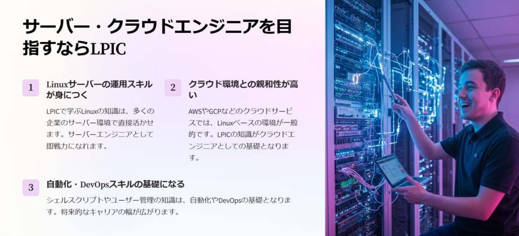 サーバー・クラウドエンジニアを目指すならLPIC

Linuxサーバーの運用スキルが身につく

LPICで学ぶLinuxの知識は、多くの企業のサーバー環境で直接活かせます。サーバーエンジニアとして即戦力になれます。

クラウド環境との親和性が高い

AWSやGCPなどのクラウドサービスでは、Linuxベースの環境が一般的です。LPICの知識がクラウドエンジニアとしての基礎となります。

自動化・DevOpsスキルの基礎になる

シェルスクリプトやユーザー管理の知識は、自動化やDevOpsの基礎となります。将来的なキャリアの幅が広がります。