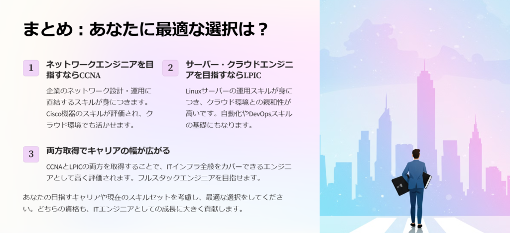 まとめ：あなたに最適な選択は？

ネットワークエンジニアを目指すならCCNA

企業のネットワーク設計・運用に直結するスキルが身につきます。Cisco機器のスキルが評価され、クラウド環境でも活かせます。

サーバー・クラウドエンジニアを目指すならLPIC

Linuxサーバーの運用スキルが身につき、クラウド環境との親和性が高いです。自動化やDevOpsスキルの基礎にもなります。

両方取得でキャリアの幅が広がる

CCNAとLPICの両方を取得することで、ITインフラ全般をカバーできるエンジニアとして高く評価されます。フルスタックエンジニアを目指せます。

あなたの目指すキャリアや現在のスキルセットを考慮し、最適な選択をしてください。どちらの資格も、ITエンジニアとしての成長に大きく貢献します。