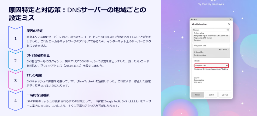 原因特定と対応策：DNSサーバーの地域ごとの設定ミス

原因の特定

関東エリアのDNSサーバーにのみ、誤ったAレコード（192.168.100.50）が設定されていることが判明しました。これはローカルネットワークのアドレスであるため、インターネット上のサーバーにアクセスできません。

DNS設定の修正

DNS管理ツールにログインし、関東エリアのDNSサーバーの設定を修正しました。誤ったAレコードを削除し、正しいIPアドレス（203.0.113.10）を設定しました。

TTLの短縮

DNSキャッシュの影響を考慮して、TTL（Time To Live）を短縮しました。これにより、修正した設定が早く反映されるようになります。

一時的な回避策

ISPのDNSキャッシュが更新されるまでの対策として、一時的にGoogle Public DNS（8.8.8.8）をユーザーに案内しました。これにより、すぐに正常なアクセスが可能になります。