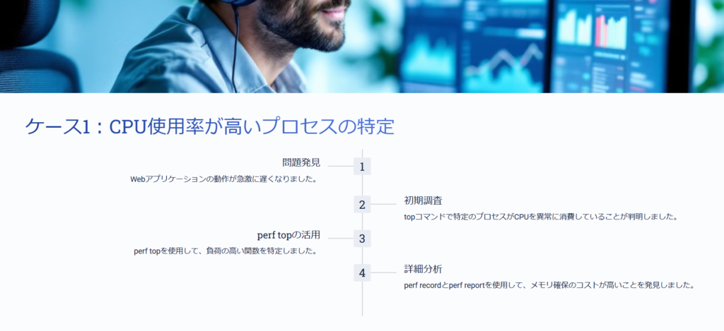 CPU使用率が高いプロセスの特定

問題発見

Webアプリケーションの動作が急激に遅くなりました。

初期調査

topコマンドで特定のプロセスがCPUを異常に消費していることが判明しました。

perf topの活用

perf topを使用して、負荷の高い関数を特定しました。

詳細分析

perf recordとperf reportを使用して、メモリ確保のコストが高いことを発見しました。