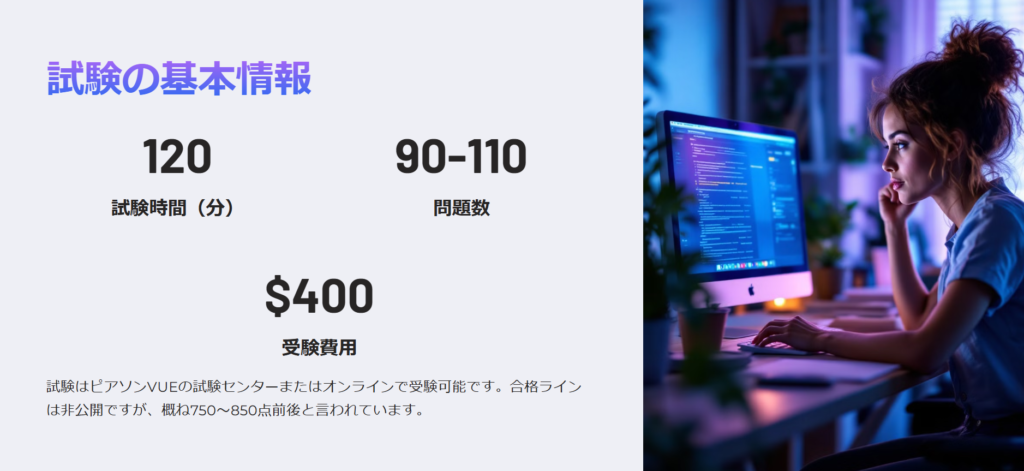 試験の基本情報
試験はピアソンVUEの試験センターまたはオンラインで受験可能です。合格ラインは非公開ですが、概ね750〜850点前後と言われています。