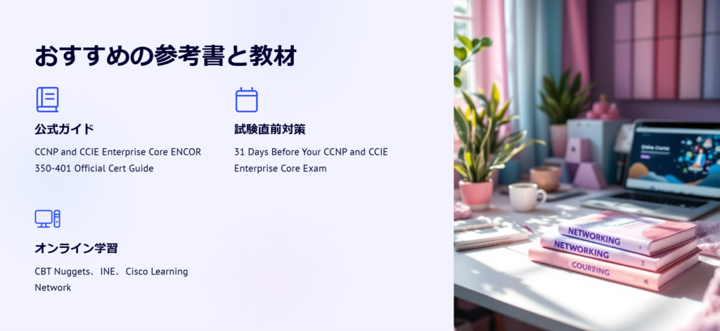 おすすめの参考書と教材

公式ガイド

CCNP and CCIE Enterprise Core ENCOR 350-401 Official Cert Guide

試験直前対策

31 Days Before Your CCNP and CCIE Enterprise Core Exam

オンライン学習

CBT Nuggets、INE、Cisco Learning Network