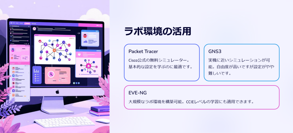 ラボ環境の活用

Packet Tracer

Cisco公式の無料シミュレーター。基本的な設定を学ぶのに最適です。

GNS3

実機に近いシミュレーションが可能。自由度が高いですが設定がやや難しいです。

EVE-NG

大規模なラボ環境を構築可能。CCIEレベルの学習にも適用できます。