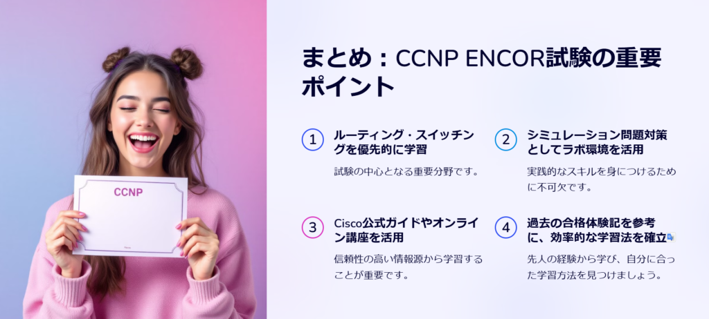 まとめ：CCNP ENCOR試験の重要ポイント

ルーティング・スイッチングを優先的に学習

試験の中心となる重要分野です。

シミュレーション問題対策としてラボ環境を活用

実践的なスキルを身につけるために不可欠です。

Cisco公式ガイドやオンライン講座を活用

信頼性の高い情報源から学習することが重要です。

過去の合格体験記を参考に、効率的な学習法を確立

先人の経験から学び、自分に合った学習方法を見つけましょう。