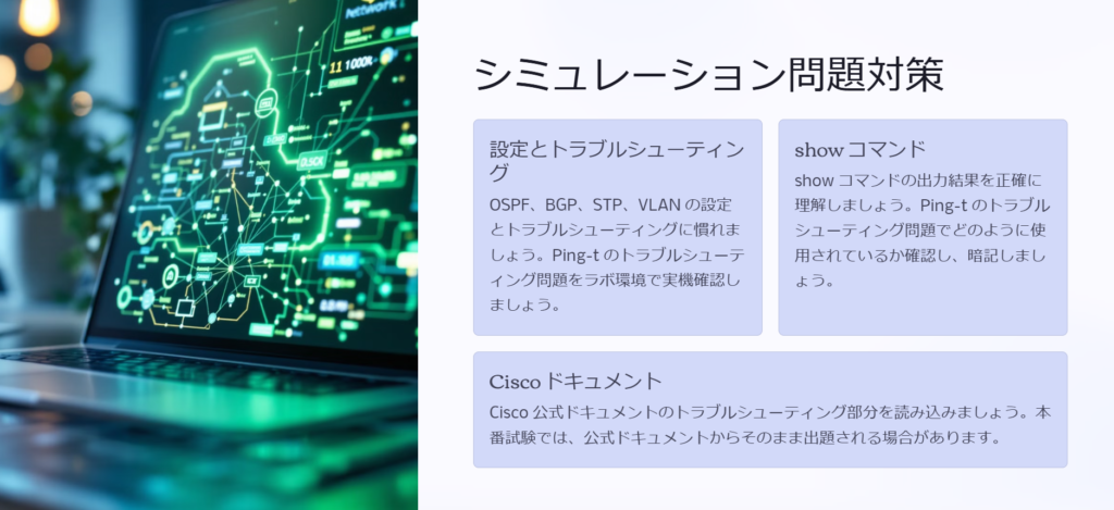 シミュレーション問題対策

設定とトラブルシューティング

OSPF、BGP、STP、VLAN の設定とトラブルシューティングに慣れましょう。Ping-t のトラブルシューティング問題をラボ環境で実機確認しましょう。

show コマンド

show コマンドの出力結果を正確に理解しましょう。Ping-t のトラブルシューティング問題でどのように使用されているか確認し、暗記しましょう。

Cisco ドキュメント

Cisco 公式ドキュメントのトラブルシューティング部分を読み込みましょう。本番試験では、公式ドキュメントからそのまま出題される場合があります。