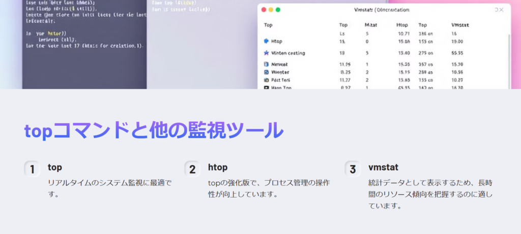 topコマンドと他の監視ツール

top

リアルタイムのシステム監視に最適です。

htop

topの強化版で、プロセス管理の操作性が向上しています。

vmstat

統計データとして表示するため、長時間のリソース傾向を把握するのに適しています。