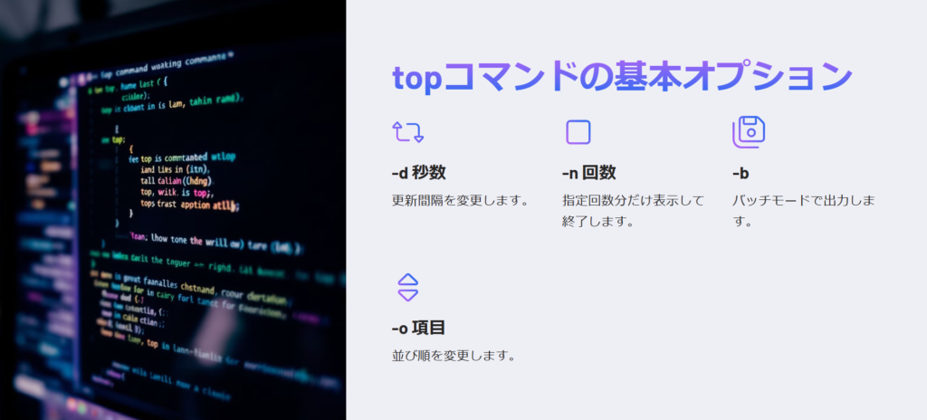 topコマンドの基本オプション

-d 秒数

更新間隔を変更します。

-n 回数

指定回数分だけ表示して終了します。

-b

バッチモードで出力します。

-o 項目

並び順を変更します。