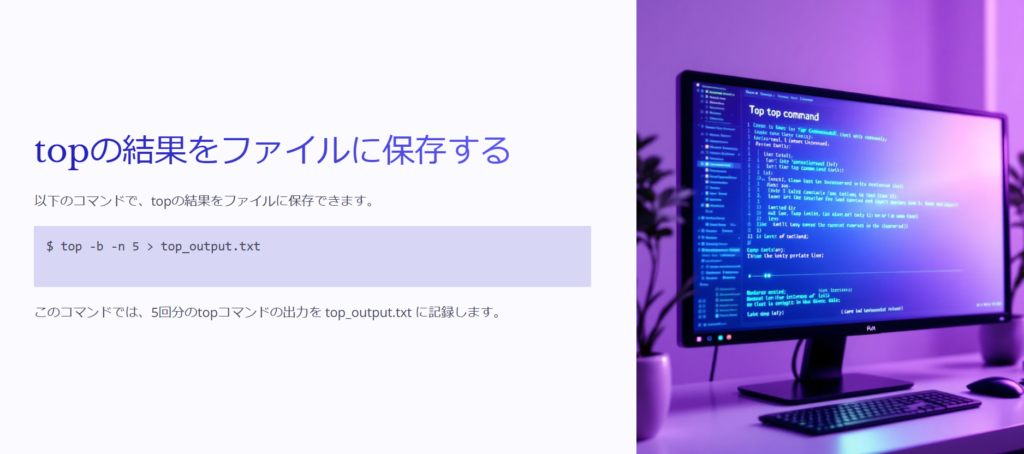 topの結果をファイルに保存する

以下のコマンドで、topの結果をファイルに保存できます。

$ top -b -n 5 > top_output.txt


このコマンドでは、5回分のtopコマンドの出力を top_output.txt に記録します。