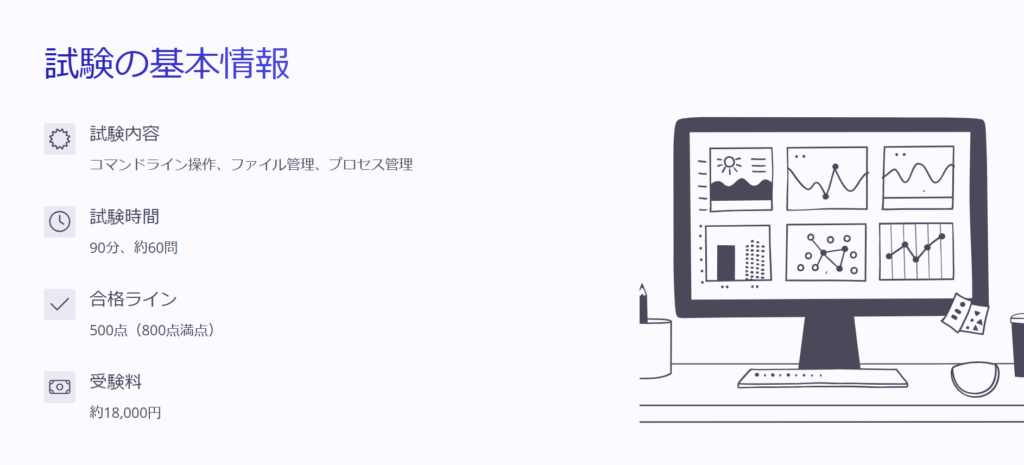 試験の基本情報

試験内容

コマンドライン操作、ファイル管理、プロセス管理

試験時間

90分、約60問

合格ライン

500点（800点満点）

受験料

約18,000円