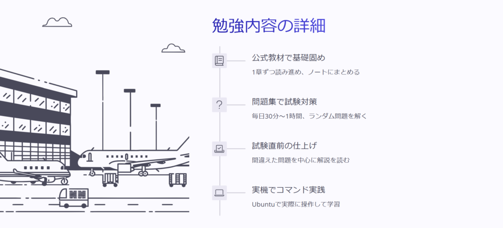 勉強内容の詳細

公式教材で基礎固め

1章ずつ読み進め、ノートにまとめる

問題集で試験対策

毎日30分〜1時間、ランダム問題を解く

試験直前の仕上げ

間違えた問題を中心に解説を読む

実機でコマンド実践

Ubuntuで実際に操作して学習