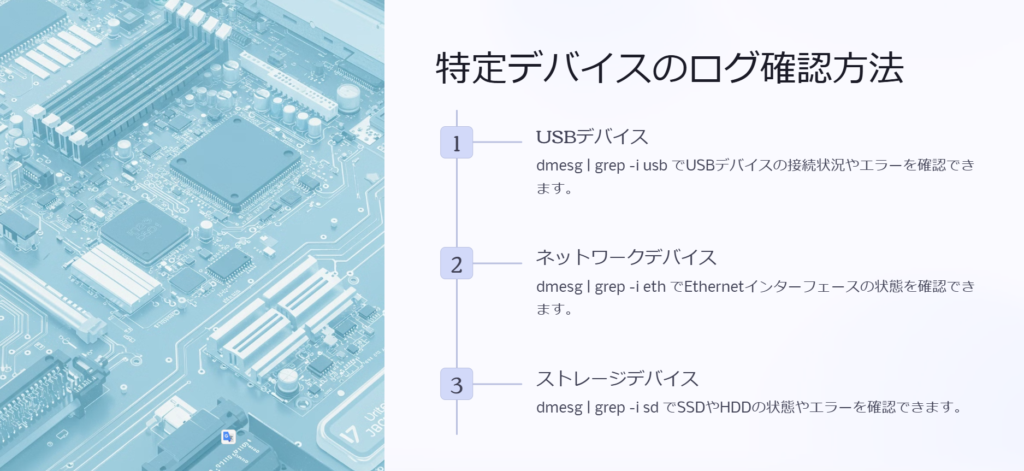 特定デバイスのログ確認方法

USBデバイス

dmesg | grep -i usb でUSBデバイスの接続状況やエラーを確認できます。

ネットワークデバイス

dmesg | grep -i eth でEthernetインターフェースの状態を確認できます。

ストレージデバイス

dmesg | grep -i sd でSSDやHDDの状態やエラーを確認できます。