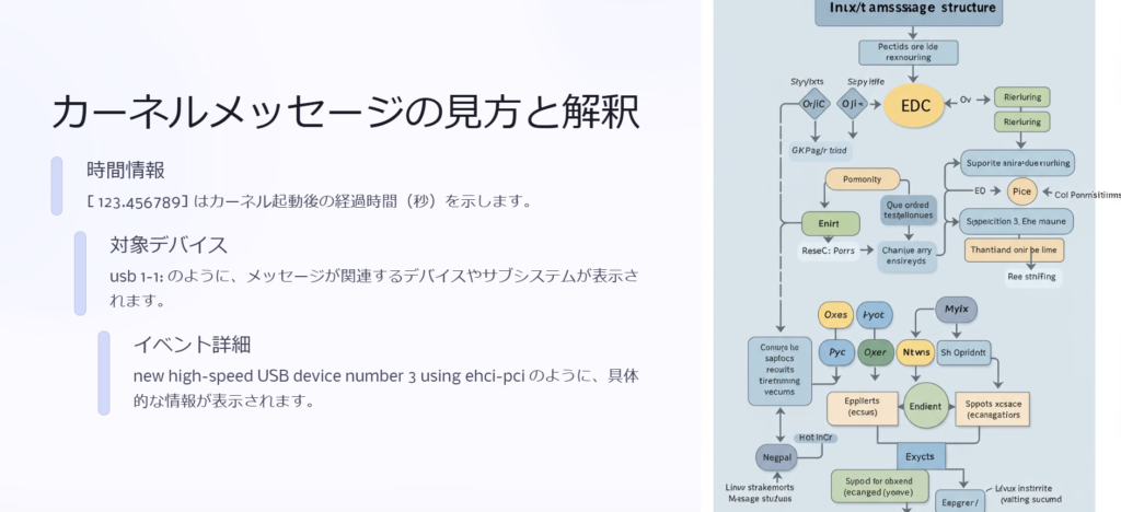 カーネルメッセージの見方と解釈

時間情報

[ 123.456789] はカーネル起動後の経過時間（秒）を示します。

対象デバイス

usb 1-1: のように、メッセージが関連するデバイスやサブシステムが表示されます。

イベント詳細

new high-speed USB device number 3 using ehci-pci のように、具体的な情報が表示されます。