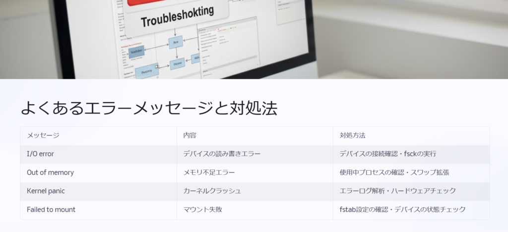 よくあるエラーメッセージと対処法

メッセージ

内容

対処方法

I/O error

デバイスの読み書きエラー

デバイスの接続確認・fsckの実行

Out of memory

メモリ不足エラー

使用中プロセスの確認・スワップ拡張

Kernel panic

カーネルクラッシュ

エラーログ解析・ハードウェアチェック

Failed to mount

マウント失敗

fstab設定の確認・デバイスの状態チェック