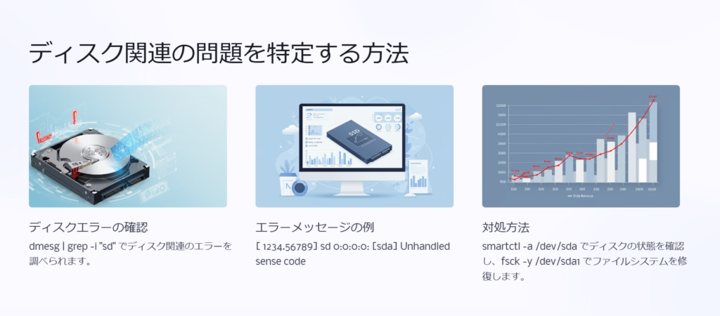 ディスク関連の問題を特定する方法

ディスクエラーの確認

dmesg | grep -i "sd" でディスク関連のエラーを調べられます。

エラーメッセージの例

[ 1234.56789] sd 0:0:0:0: [sda] Unhandled sense code

対処方法

smartctl -a /dev/sda でディスクの状態を確認し、fsck -y /dev/sda1 でファイルシステムを修復します。