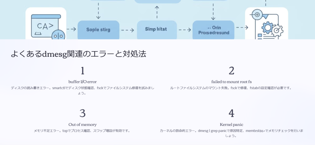 よくあるdmesg関連のエラーと対処法

buffer I/O error

ディスクの読み書きエラー。smartctlでディスク状態確認、fsckでファイルシステム修復を試みましょう。

failed to mount root fs

ルートファイルシステムのマウント失敗。fsckで修復、fstabの設定確認が必要です。

Out of memory

メモリ不足エラー。topでプロセス確認、スワップ増設が有効です。

Kernel panic

カーネルの致命的エラー。dmesg | grep panicで原因特定、memtest86+でメモリチェックを行いましょう。