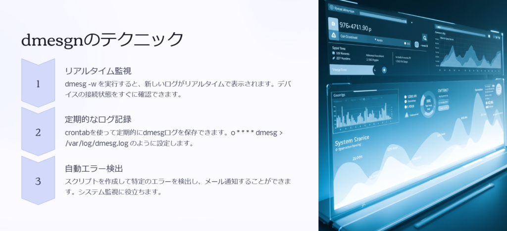 dmesgnのテクニック

リアルタイム監視

dmesg -w を実行すると、新しいログがリアルタイムで表示されます。デバイスの接続状態をすぐに確認できます。

定期的なログ記録

crontabを使って定期的にdmesgログを保存できます。0 * * * * dmesg > /var/log/dmesg.log のように設定します。

自動エラー検出

スクリプトを作成して特定のエラーを検出し、メール通知することができます。システム監視に役立ちます。