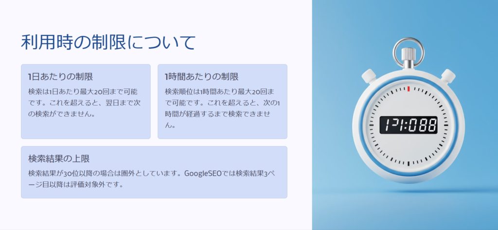 利用時の制限について

1日あたりの制限

検索は1日あたり最大20回まで可能です。これを超えると、翌日まで次の検索ができません。

1時間あたりの制限

検索順位は1時間あたり最大20回まで可能です。これを超えると、次の1時間が経過するまで検索できません。

検索結果の上限

検索結果が30位以降の場合は圏外としています。GoogleSEOでは検索結果3ページ目以降は評価対象外です。