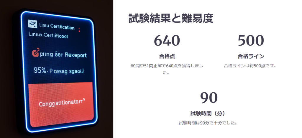 試験結果と難易度

合格点

60問中51問正解で640点を獲得しました。

合格ライン

合格ラインは約500点です。

試験時間（分）

試験時間は90分で十分でした。