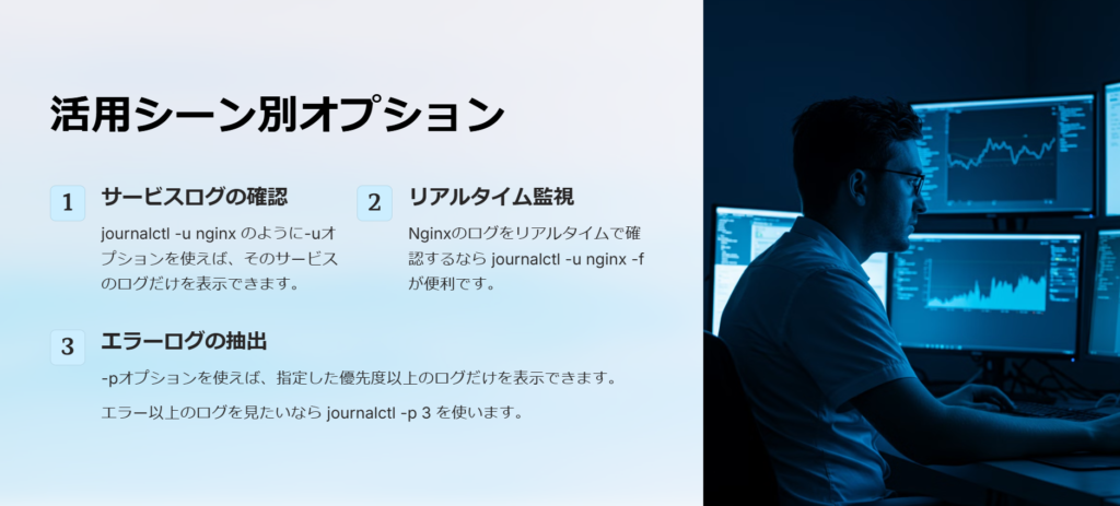活用シーン別オプション

サービスログの確認

journalctl -u nginx のように-uオプションを使えば、そのサービスのログだけを表示できます。

リアルタイム監視

Nginxのログをリアルタイムで確認するなら journalctl -u nginx -f が便利です。

エラーログの抽出

-pオプションを使えば、指定した優先度以上のログだけを表示できます。

エラー以上のログを見たいなら journalctl -p 3 を使います。