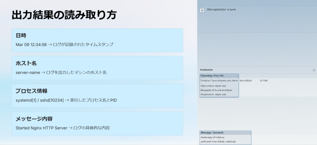 出力結果の読み取り方

日時

Mar 09 12:34:56 → ログが記録されたタイムスタンプ

ホスト名

server-name → ログを出力したマシンのホスト名

プロセス情報

systemd[1] / sshd[10234] → 実行したプロセス名とPID

メッセージ内容

Started Nginx HTTP Server → ログの具体的な内容