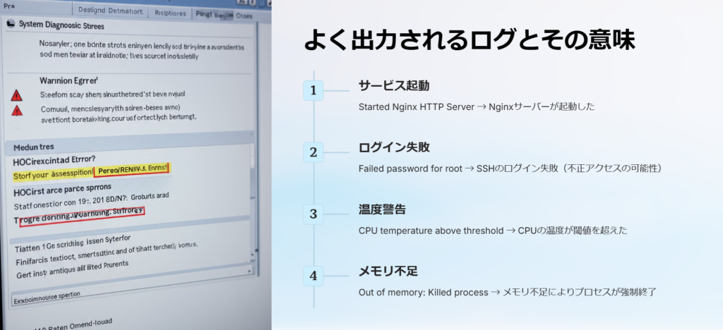 よく出力されるログとその意味

サービス起動

Started Nginx HTTP Server → Nginxサーバーが起動した

ログイン失敗

Failed password for root → SSHのログイン失敗（不正アクセスの可能性）

温度警告

CPU temperature above threshold → CPUの温度が閾値を超えた

メモリ不足

Out of memory: Killed process → メモリ不足によりプロセスが強制終了