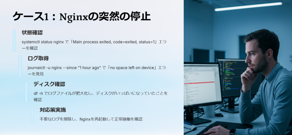 ケース1：Nginxの突然の停止

状態確認

systemctl status nginx で「Main process exited, code=exited, status=1」エラーを確認

ログ取得

journalctl -u nginx --since "1 hour ago" で「no space left on device」エラーを発見

ディスク確認

df -h でログファイルが肥大化し、ディスクがいっぱいになっていたことを確認

対応策実施

不要なログを削除し、Nginxを再起動して正常稼働を確認