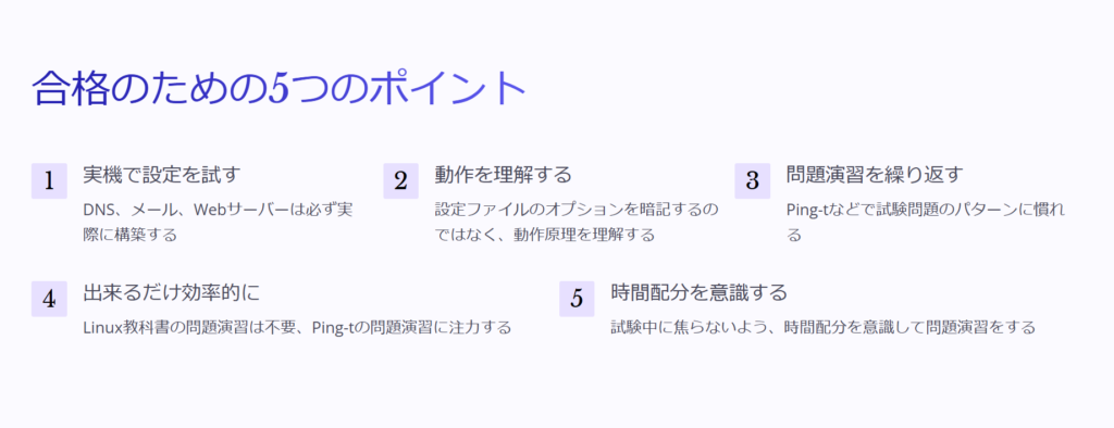 合格のための5つのポイント

実機で設定を試す

DNS、メール、Webサーバーは必ず実際に構築する

動作を理解する

設定ファイルのオプションを暗記するのではなく、動作原理を理解する

問題演習を繰り返す

Ping-tなどで試験問題のパターンに慣れる

出来るだけ効率的に

Linux教科書の問題演習は不要、Ping-tの問題演習に注力する

時間配分を意識する

試験中に焦らないよう、時間配分を意識して問題演習をする