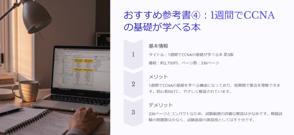 おすすめ参考書④：1週間でCCNAの基礎が学べる本

基本情報

タイトル：1週間でCCNAの基礎が学べる本 第3版

価格：約2,750円、ページ数：336ページ

メリット

1週間でCCNAの基礎を学べる構成になっており、短期間で要点を理解できます。初心者向けに、やさしく解説されています。

デメリット

336ページとコンパクトなため、試験範囲の詳細な解説は少なめです。模擬試験の問題数は少なく、試験直前の演習用としては不十分です。